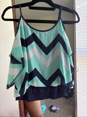 Rue21 Mint Chevron Layered Spaghetti Strap Cami with Navy Trim